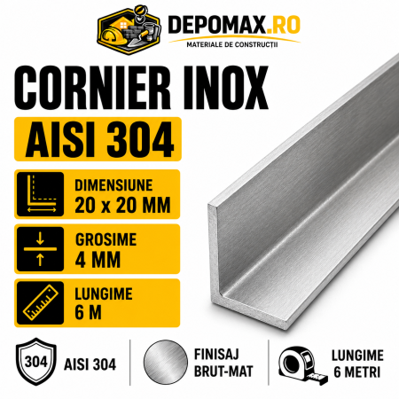 Cornier inox AISI 304, 20 x 20 x 4 mm, 6 metri